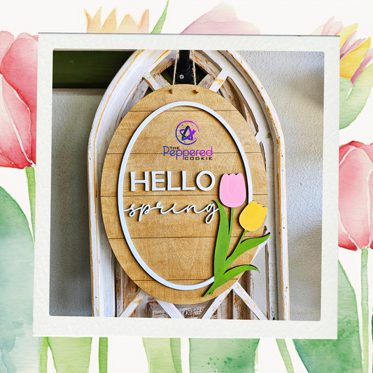 Door Hanger - Hello Spring Tulip Oval Sign UNFINISHED
