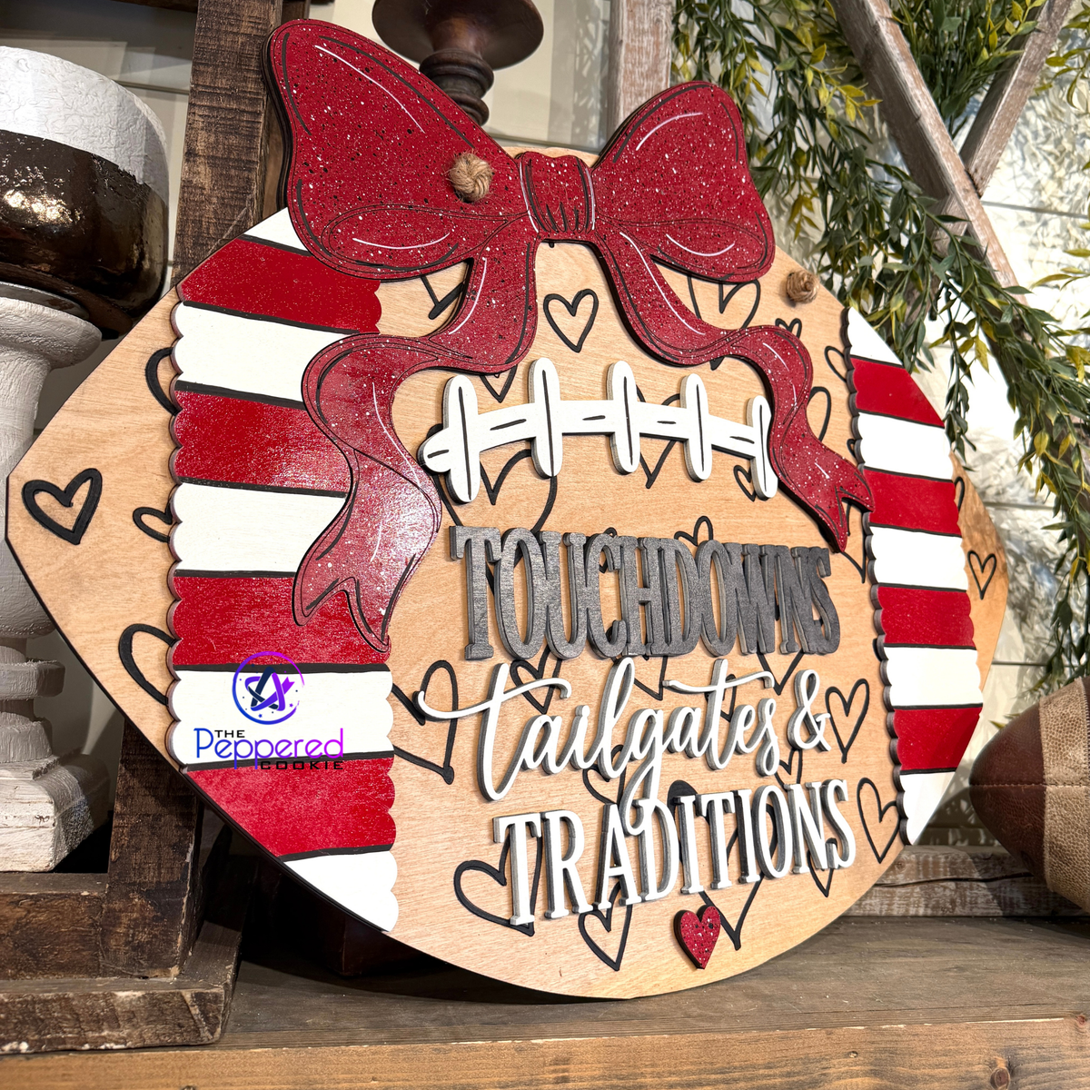 Door Hanger - Touchdowns, Tailgates, and Traditions Football - Hearts Background UNFINISHED