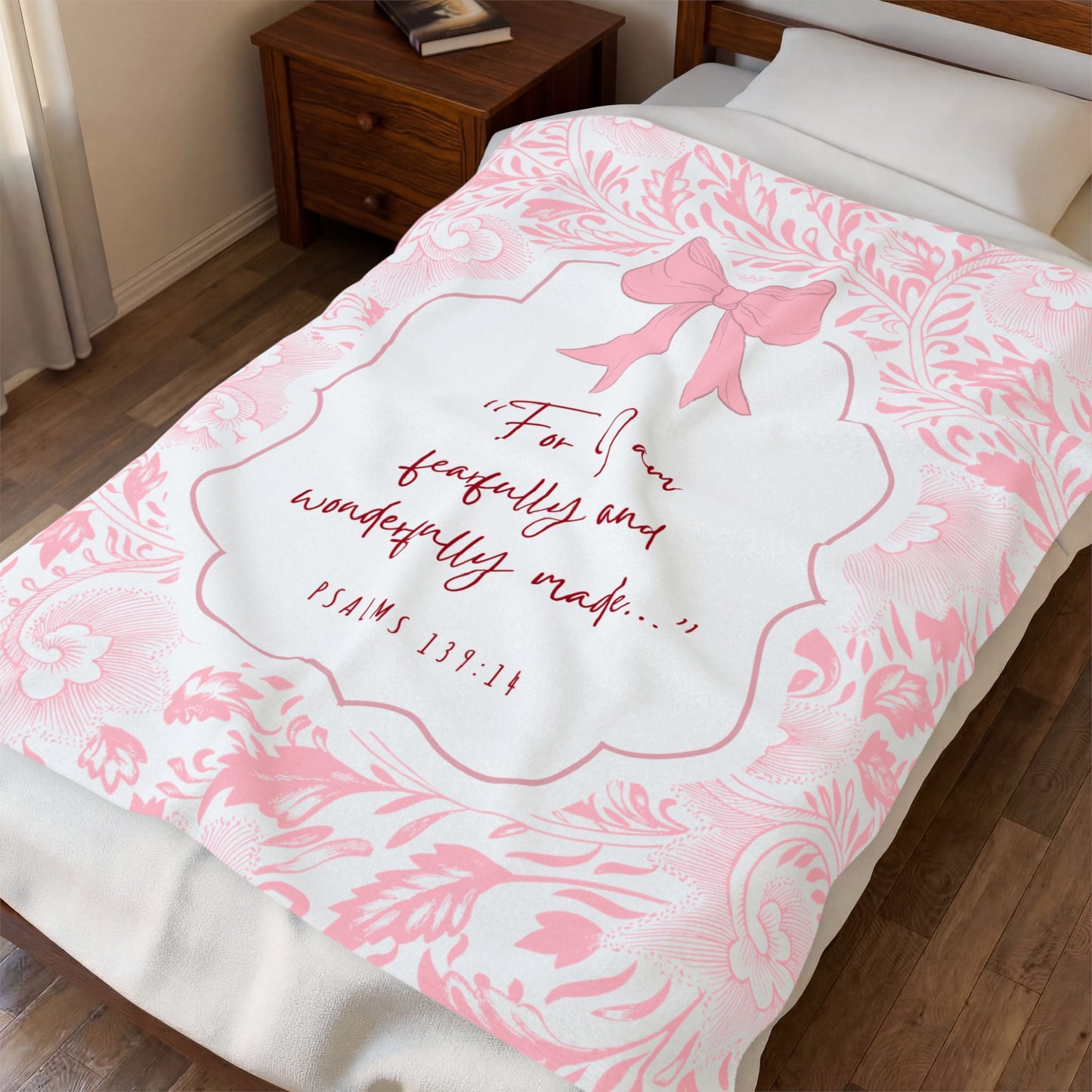 Fearfully & Wonderfully Made — Pink & White Vintage Floral & Bow Blanket