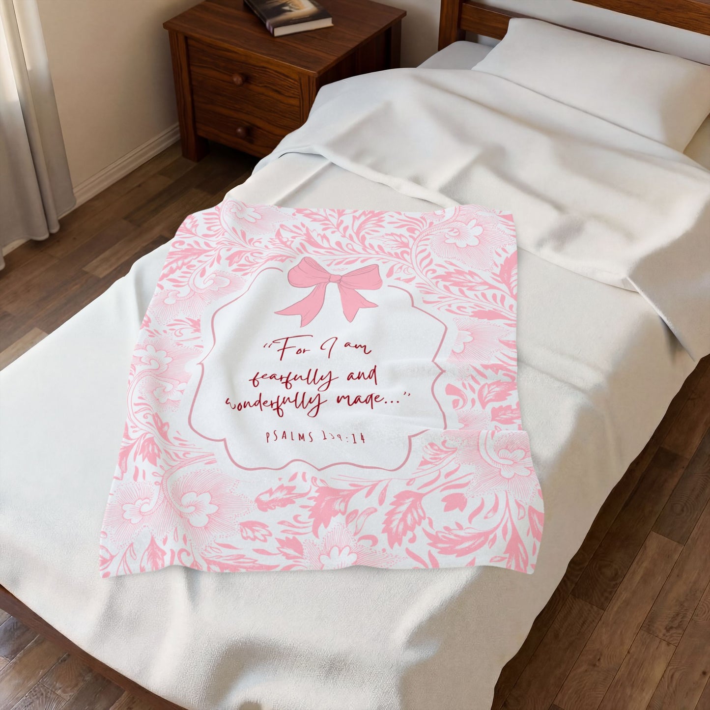 Fearfully & Wonderfully Made — Pink & White Vintage Floral & Bow Blanket