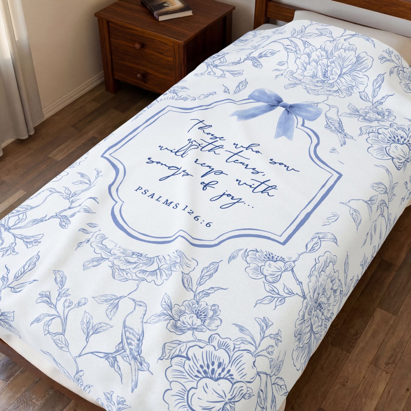 Blue & White Vintage Floral & Bow — Psalm 126:6 Blanket