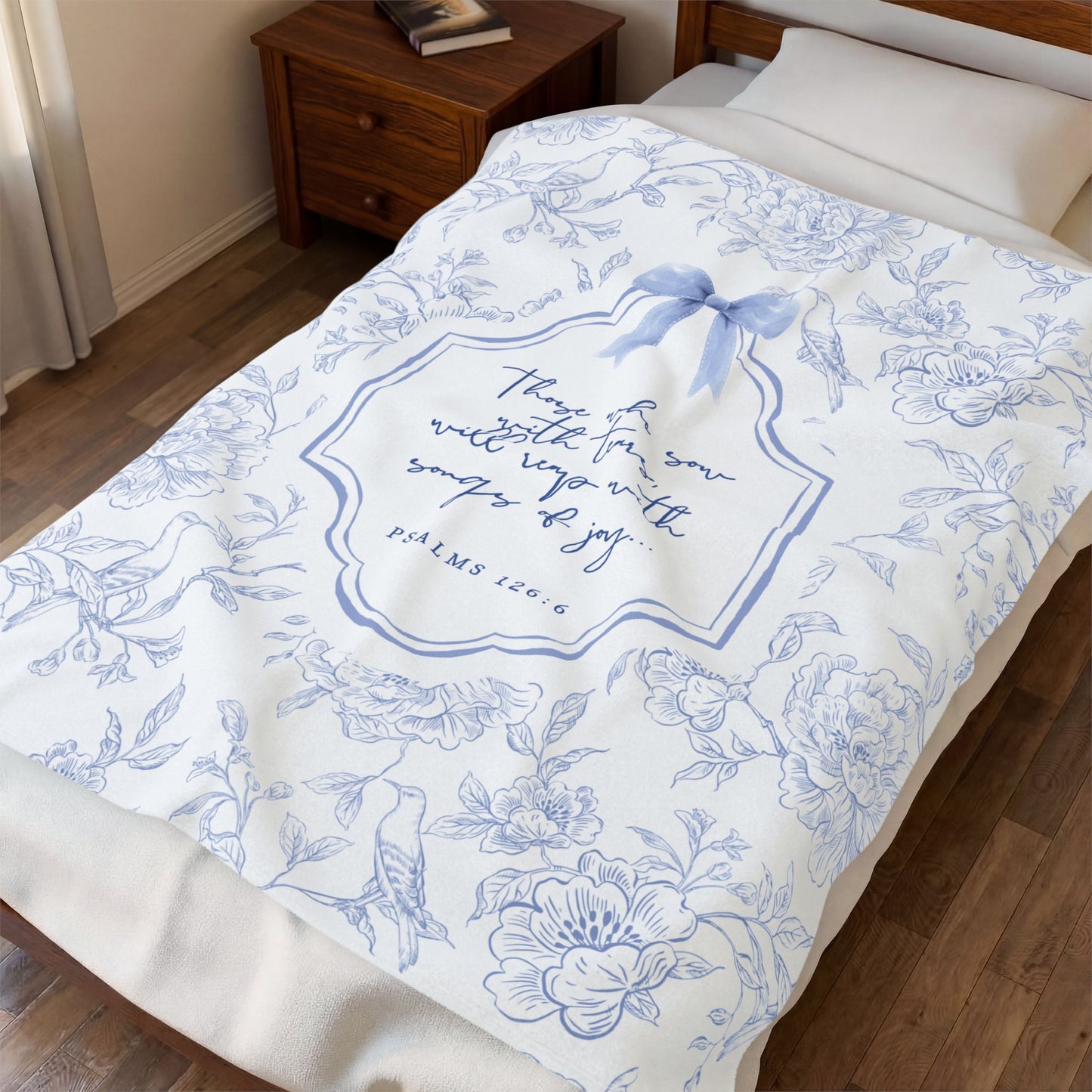 Blue & White Vintage Floral & Bow — Psalm 126:6 Blanket