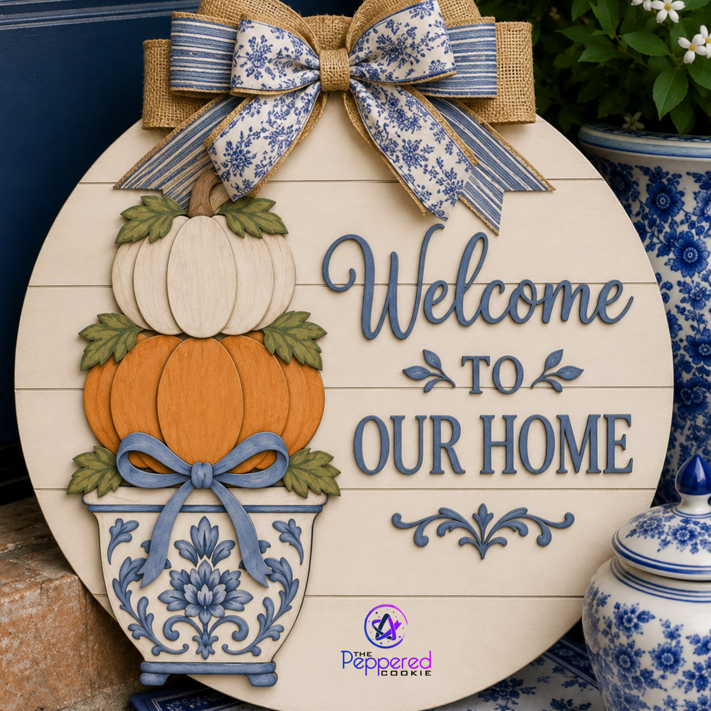 Door Hanger - Welcome to Our Home Pumpkin Topiaries Chinoiserie UNFINISHED