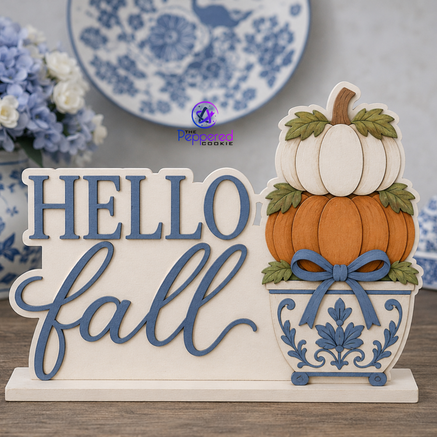 Shelf Sitter - Hello Fall Pumpkin Topiary Chinoiserie UNFINISHED