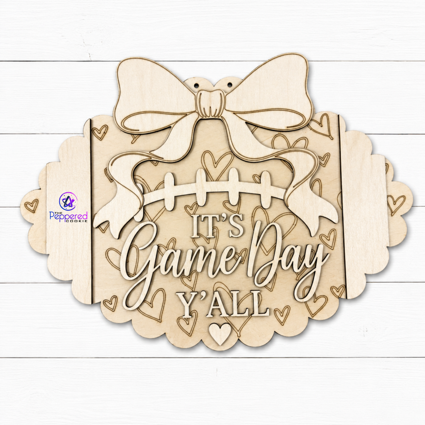 Door Hanger - It's Game Day Yall Scalloped Football - Hearts Background UNFINISHED