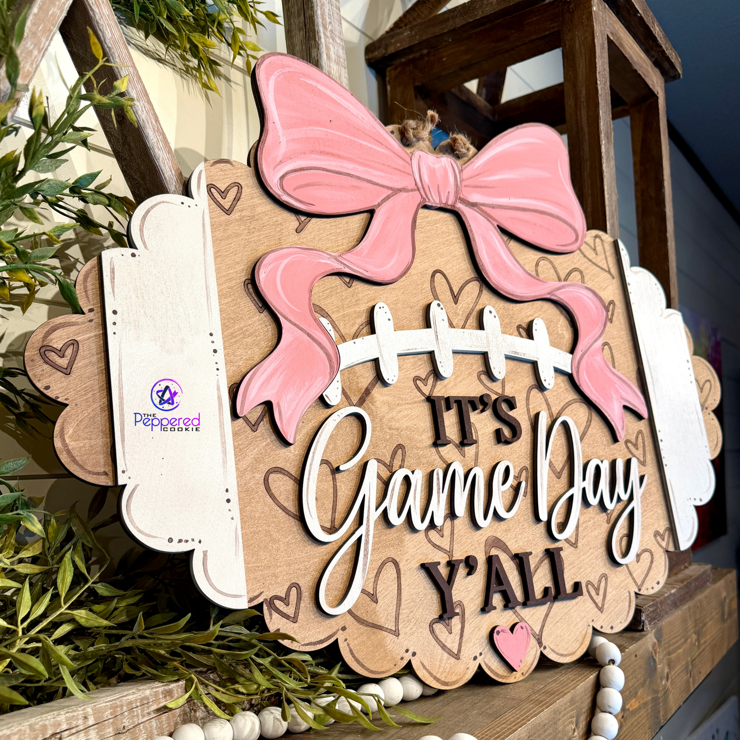 Door Hanger - It's Game Day Yall Scalloped Football - Hearts Background UNFINISHED