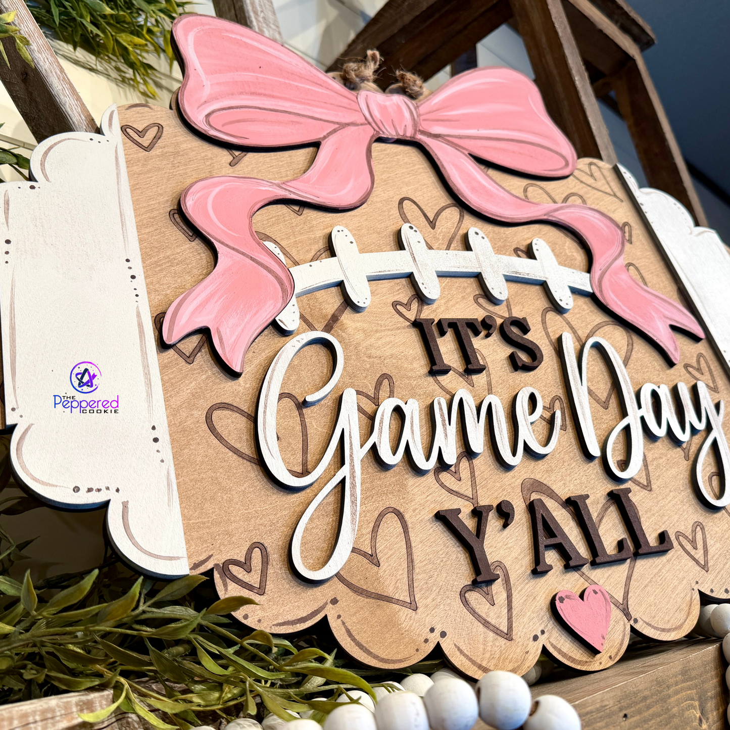 Door Hanger - It's Game Day Yall Scalloped Football - Hearts Background UNFINISHED