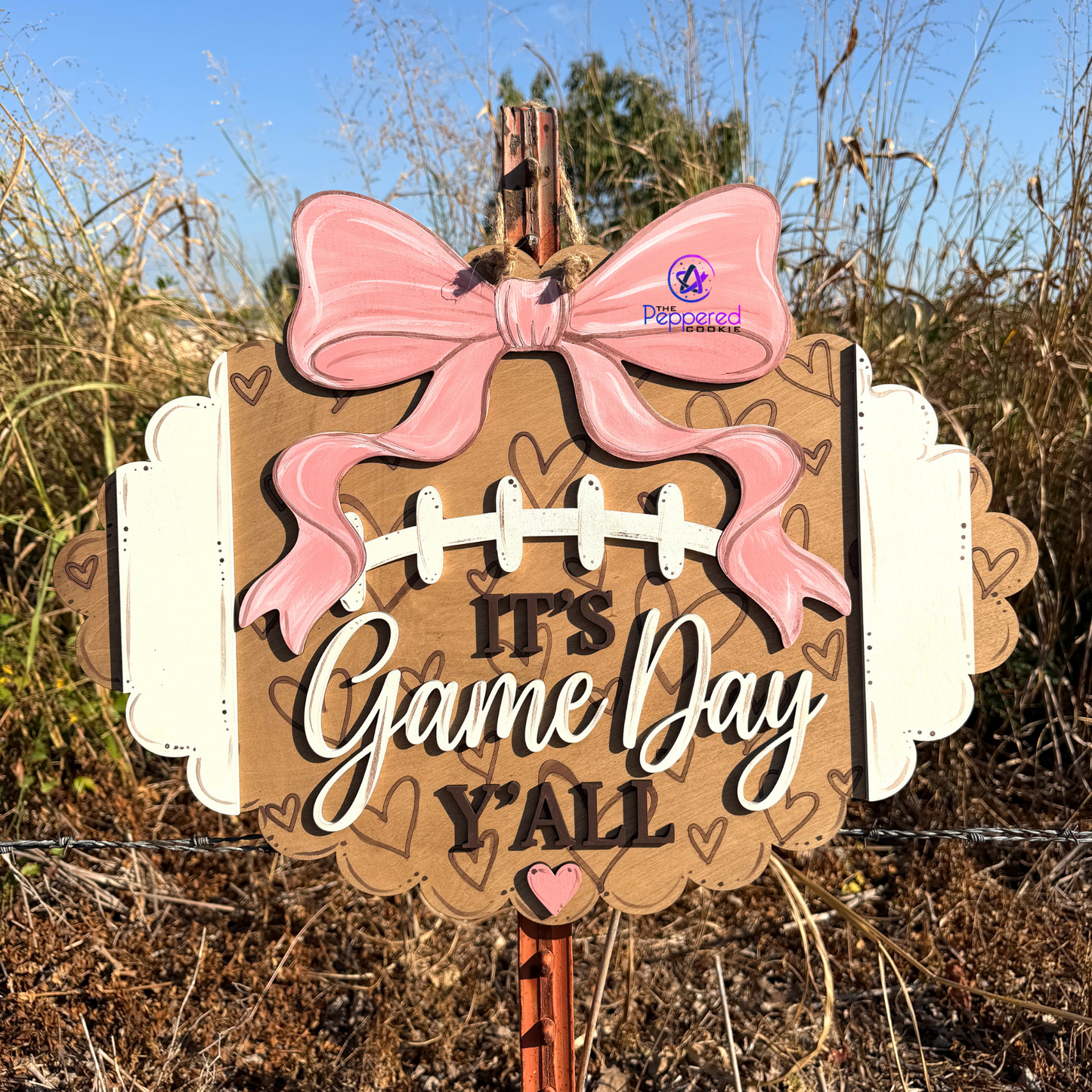 Door Hanger - It's Game Day Yall Scalloped Football - Hearts Background UNFINISHED