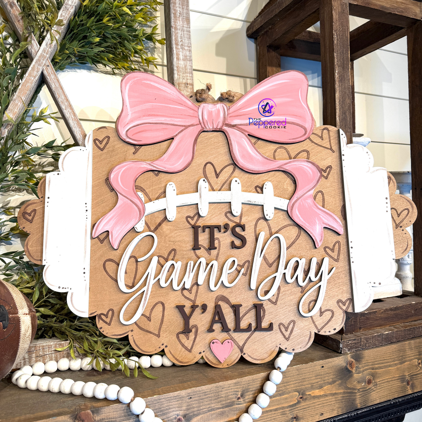 Door Hanger - It's Game Day Yall Scalloped Football - Hearts Background UNFINISHED