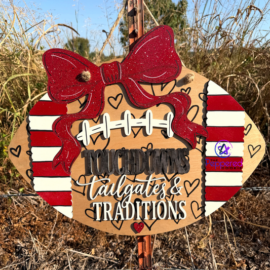 Door Hanger - Touchdowns, Tailgates, and Traditions Football - Hearts Background UNFINISHED